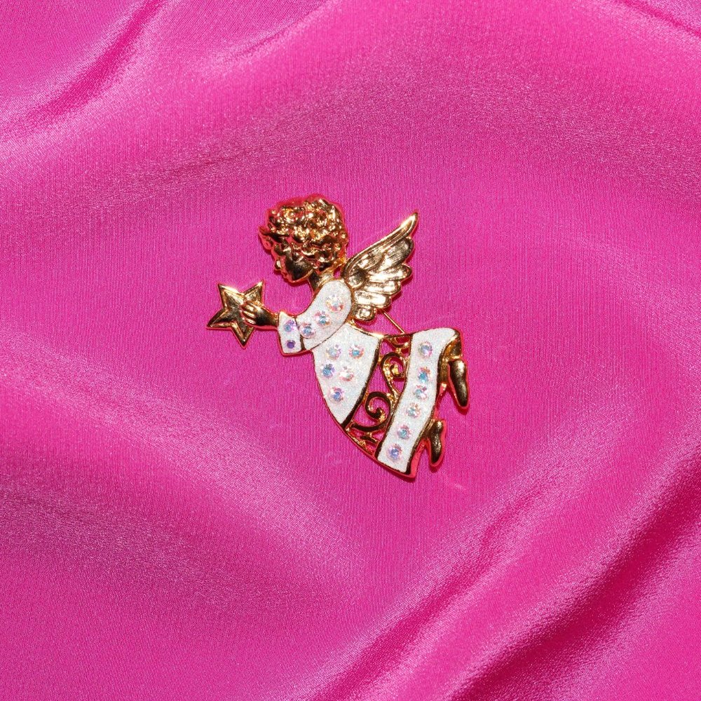 Rhinestone Encrusted Gold Angel Brooch